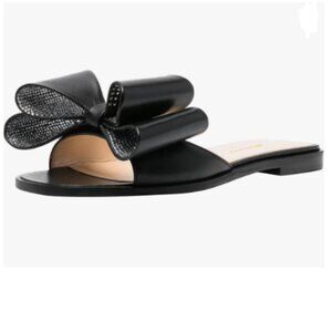 Wansseny Black Open Toe Bowknot Slip on Mules Ladies Comfy Indoor Outdoor Flat